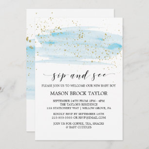 Aquarell Blue & Gold Sparkle Sip & See Einladung