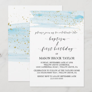 Aquarell Blue & Gold Taufe & 1. Geburtstag Einladung