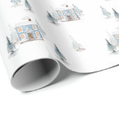 Aquarell Blue House & Snowy Trees Weihnachten Geschenkpapier (Rolleneckpunkt)