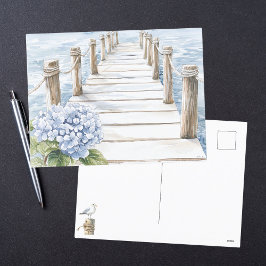 Aquarell Blue Hydrangea Seaside Dock Coastal Feiertagspostkarte