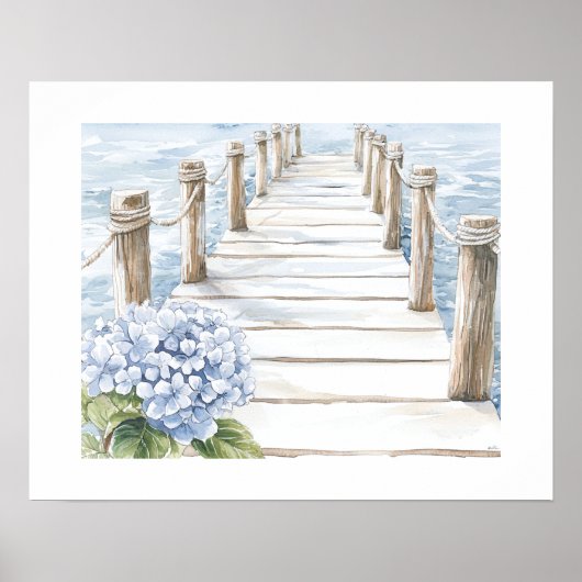 Aquarell Blue Hydrangea Seaside Dock Coastal Poster (Vorne)