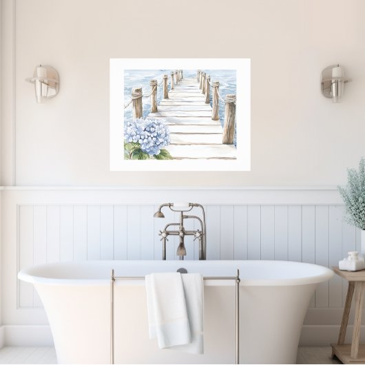 Aquarell Blue Hydrangea Seaside Dock Coastal Poster