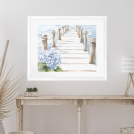 Aquarell Blue Hydrangea Seaside Dock Coastal Poster