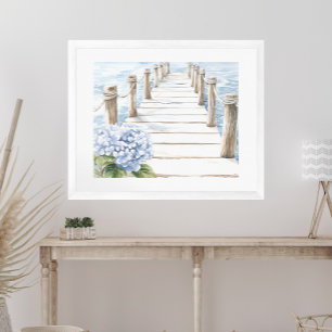 Aquarell Blue Hydrangea Seaside Dock Coastal Poster