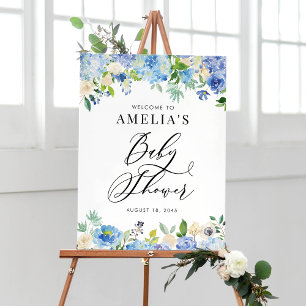 Aquarell Blue Hydrangeas Baby Dusche Willkommen Poster