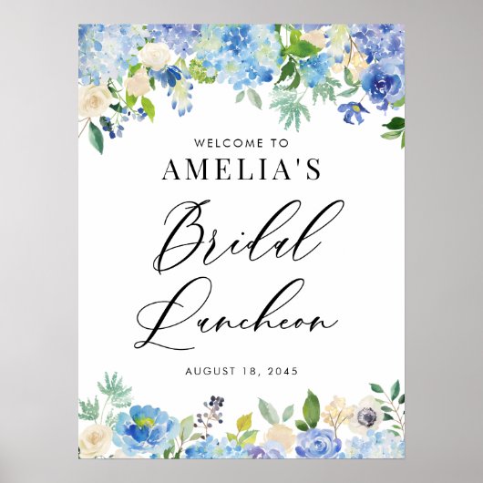 Aquarell Blue Hydrangeas Bridal Luncheon Willkomme Poster (Vorne)