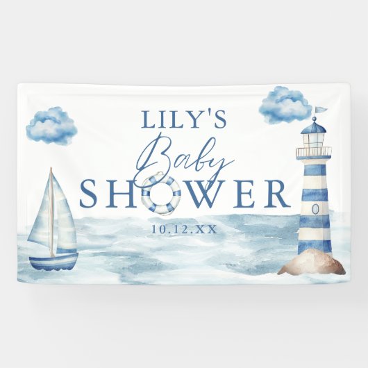Aquarell Blue Nautical Baby Dusche Willkommen Banner (Horizontal)