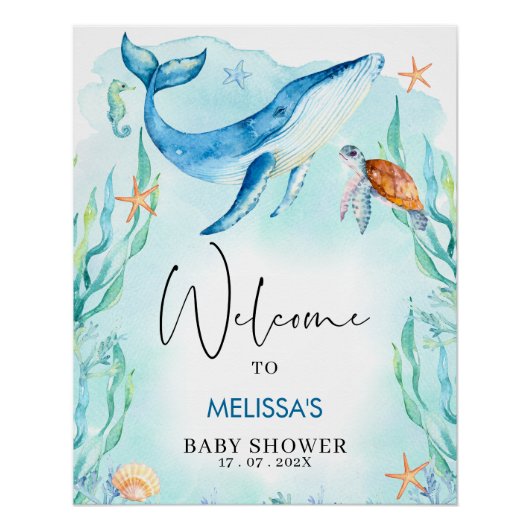 Aquarell Blue Ocean Sea Baby Dusche Willkommen Poster (Vorderseite)