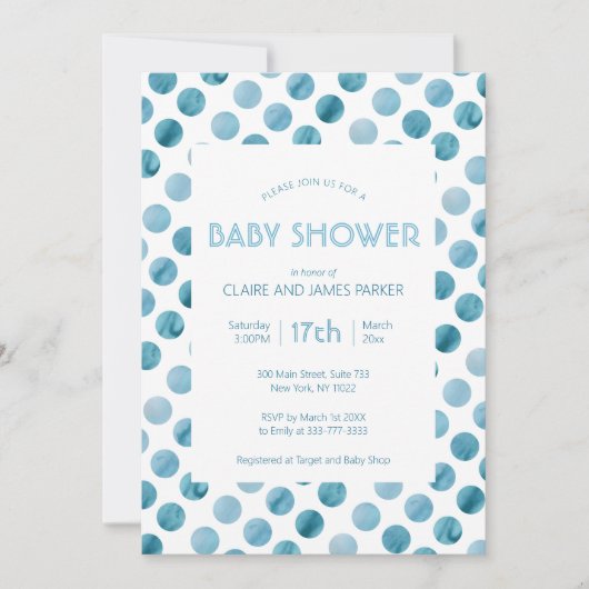 Aquarell Blue Polka Dot Niedlich Babydusche Einladung (Vorderseite)