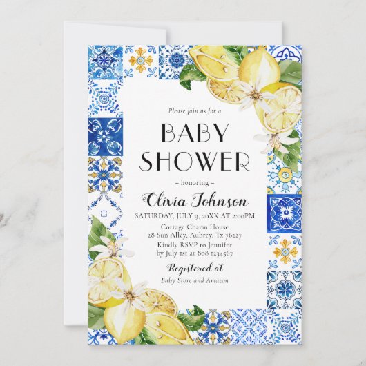 Aquarell Blue Tiles Lemons Italienische Babydusche Einladung (Vorderseite)