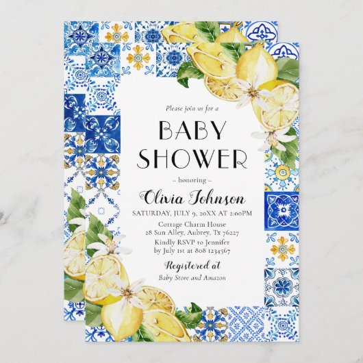 Aquarell Blue Tiles Lemons Italienische Babydusche Einladung (Vorne/Hinten)
