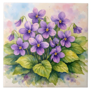 Aquarell blühende violette Veilchen  Fliese
