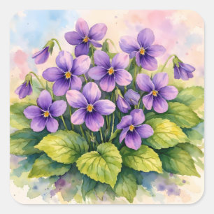 Aquarell blühende violette Veilchen  Quadratischer Aufkleber
