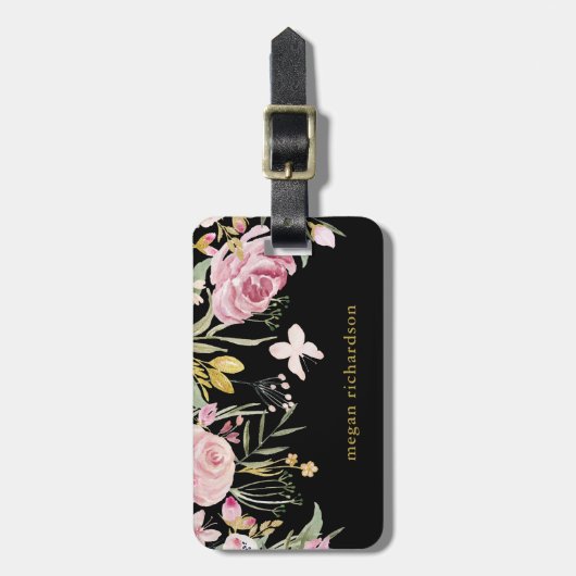 Aquarell blüht | Rosa und Gold, die auf Schwarzem Gepäckanhänger (Vorderseite vertikal)
