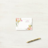 Aquarell blüht | Rosa und Gold, die auf Weiß mit Post-it Klebezettel (Auf Schreibtisch)