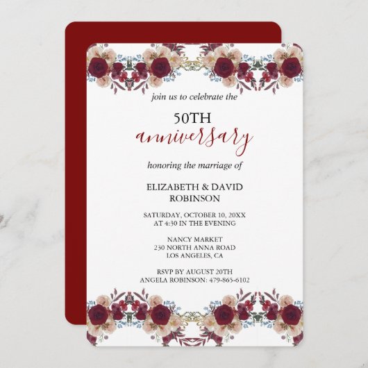 Aquarell-Blume 50. Hochzeitstag Einladung (Vorne/Hinten)