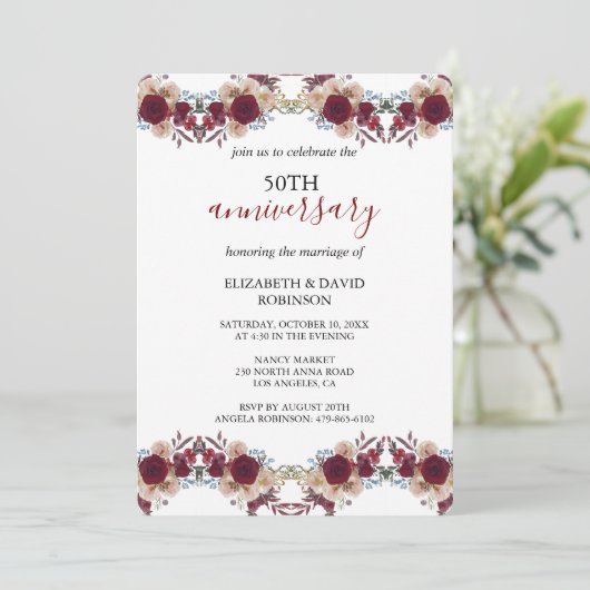 Aquarell-Blume 50. Hochzeitstag Einladung (Stehend Vorderseite)