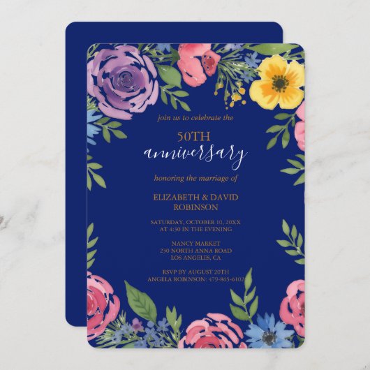 Aquarell Blume 50 Jahre Hochzeit Einladung (Vorne/Hinten)