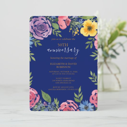 Aquarell Blume 50 Jahre Hochzeit Einladung (Stehend Vorderseite)