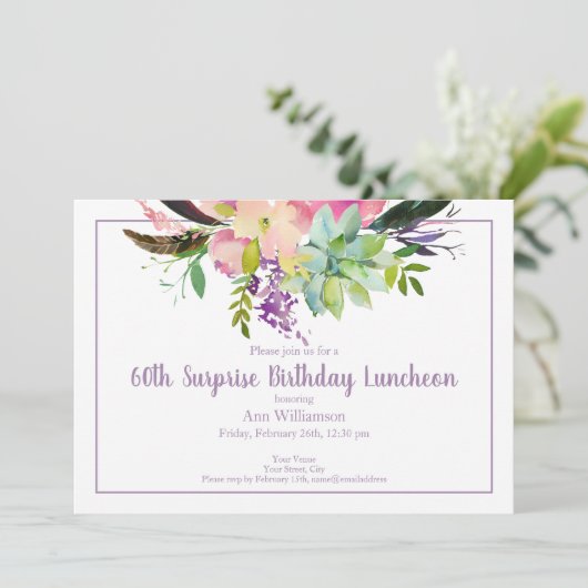 Aquarell Blume 60. Überraschung Geburtstag Einladung (Stehend Vorderseite)