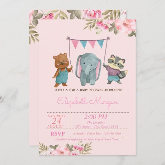Aquarell Blume Baby Animals Baby Dusche Einladung (Vorne/Hinten)