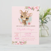 Aquarell Blume Baby Giraffe Babydusche Einladung (Stehend Vorderseite)