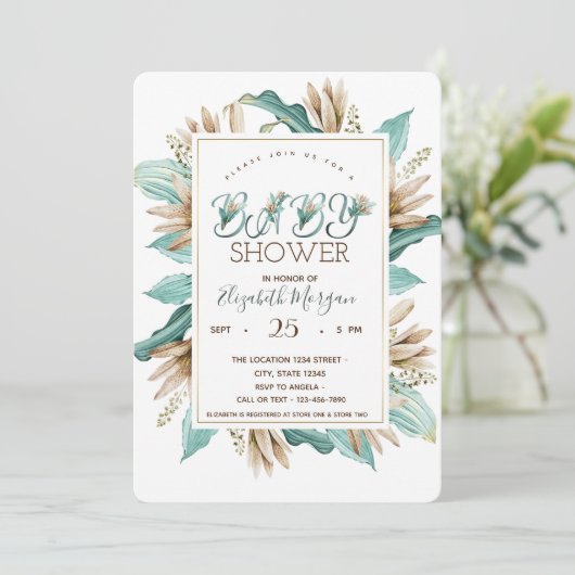 Aquarell-Blume Blätter Kinderdusche Einladung (Stehend Vorderseite)