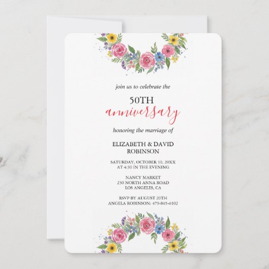 Aquarell Blume einzigartig 50-jährige Hochzeit Einladung (Vorderseite)