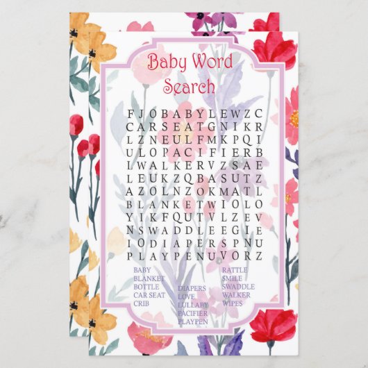 Aquarell Blume Kinderdusche Word Search Game (Vorne/Hinten)