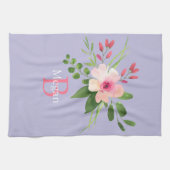 Aquarell-Blume, Name & Monogramm auf Lavendel Geschirrtuch (Horizontal)