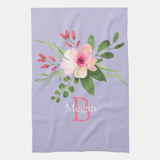 Aquarell-Blume, Name & Monogramm auf Lavendel Geschirrtuch (Vertikal)