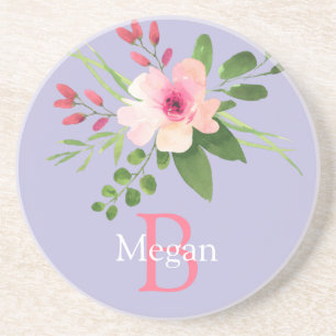 Aquarell-Blume, Name & Monogramm auf Lavendel Getränkeuntersetzer