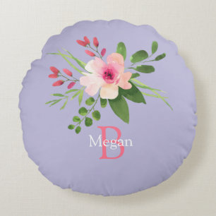 Aquarell-Blume, Name & Monogramm auf Lavendel Rundes Kissen