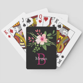 Aquarell-Blume, Name & Monogramm auf Schwarz Spielkarten
