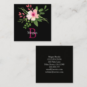 Aquarell-Blume, Name, Monogramm & Info auf Schwarz Quadratische Visitenkarte