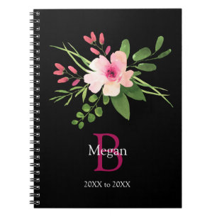 Aquarell-Blume, Name & Monogramm, Jahre auf Schwar Notizblock