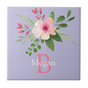 Aquarell-Blume, Name und Monogramm auf Lavendel Fliese