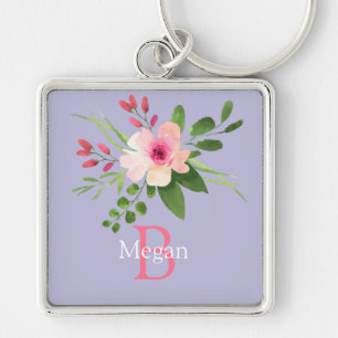 Aquarell-Blume, Name und Monogramm auf Lavendel Schlüsselanhänger