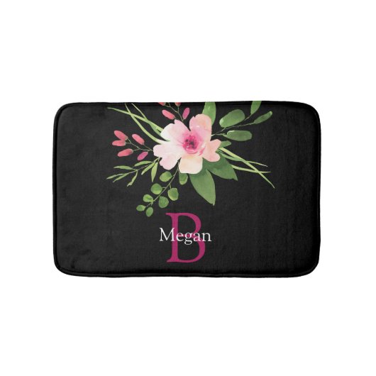 Aquarell-Blume, Name und Monogramm auf Schwarz Badematte (Vorderseite)