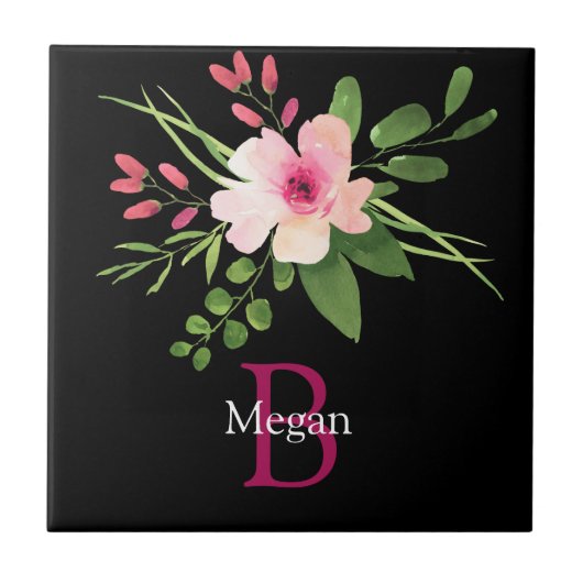 Aquarell-Blume, Name und Monogramm auf Schwarz Fliese (Vorderseite)