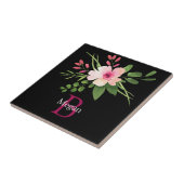 Aquarell-Blume, Name und Monogramm auf Schwarz Fliese (Seite)