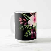 Aquarell-Blume, Name und Monogramm auf Schwarz Kaffeetasse (Vorderseite Links)