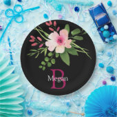 Aquarell-Blume, Name und Monogramm auf Schwarz Pappteller (Party)