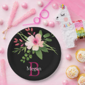 Aquarell-Blume, Name und Monogramm auf Schwarz Pappteller (Party)