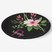 Aquarell-Blume, Name und Monogramm auf Schwarz Pappteller (Schrägansicht)