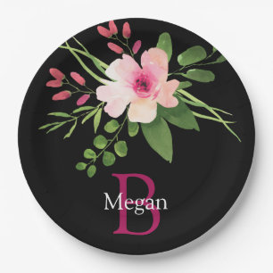 Aquarell-Blume, Name und Monogramm auf Schwarz Pappteller