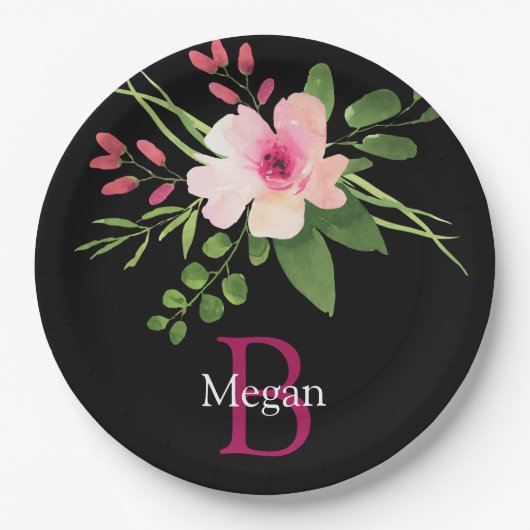 Aquarell-Blume, Name und Monogramm auf Schwarz Pappteller (Vorderseite)