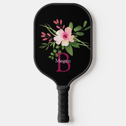 Aquarell-Blume, Name und Monogramm auf Schwarz Pickleball Schläger (Vorderseite)