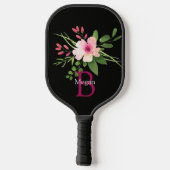 Aquarell-Blume, Name und Monogramm auf Schwarz Pickleball Schläger (Rückseite)