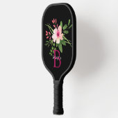 Aquarell-Blume, Name und Monogramm auf Schwarz Pickleball Schläger (Links)